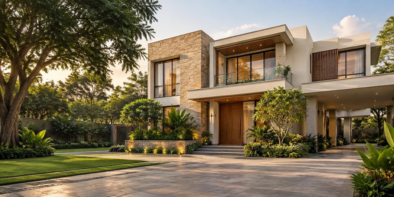 Contemporary home surrounded by greenery